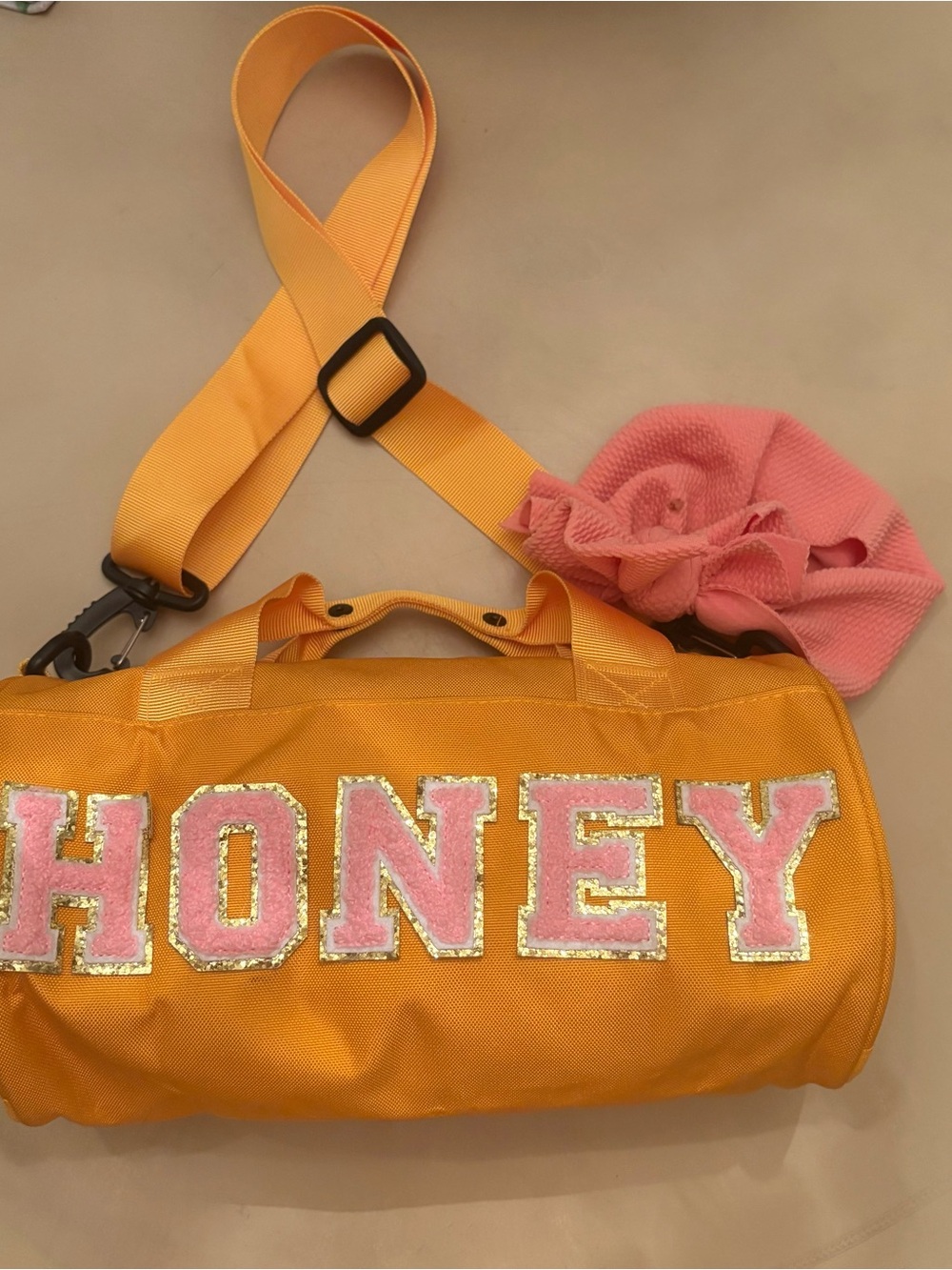 Honey Yellow Duffel Bag with Pink Lettering